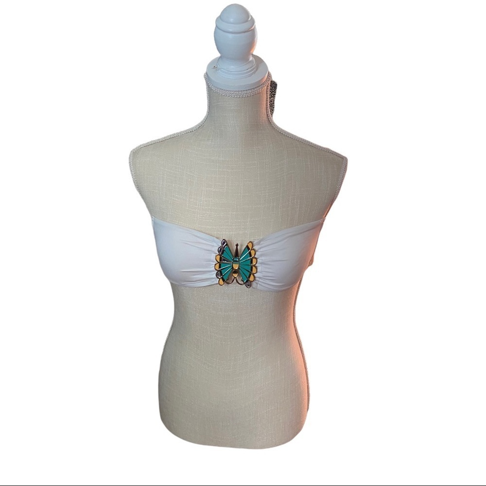 Victoria’s Secret White & Turquoise Yellow Metal Butterfly Clasp Bikini Top Sm